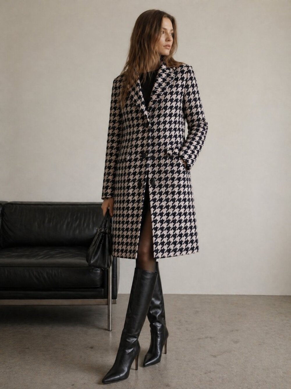Kate Spade New York Houndstooth Coat Womens M Wool Blend Navy Ivory Button Front